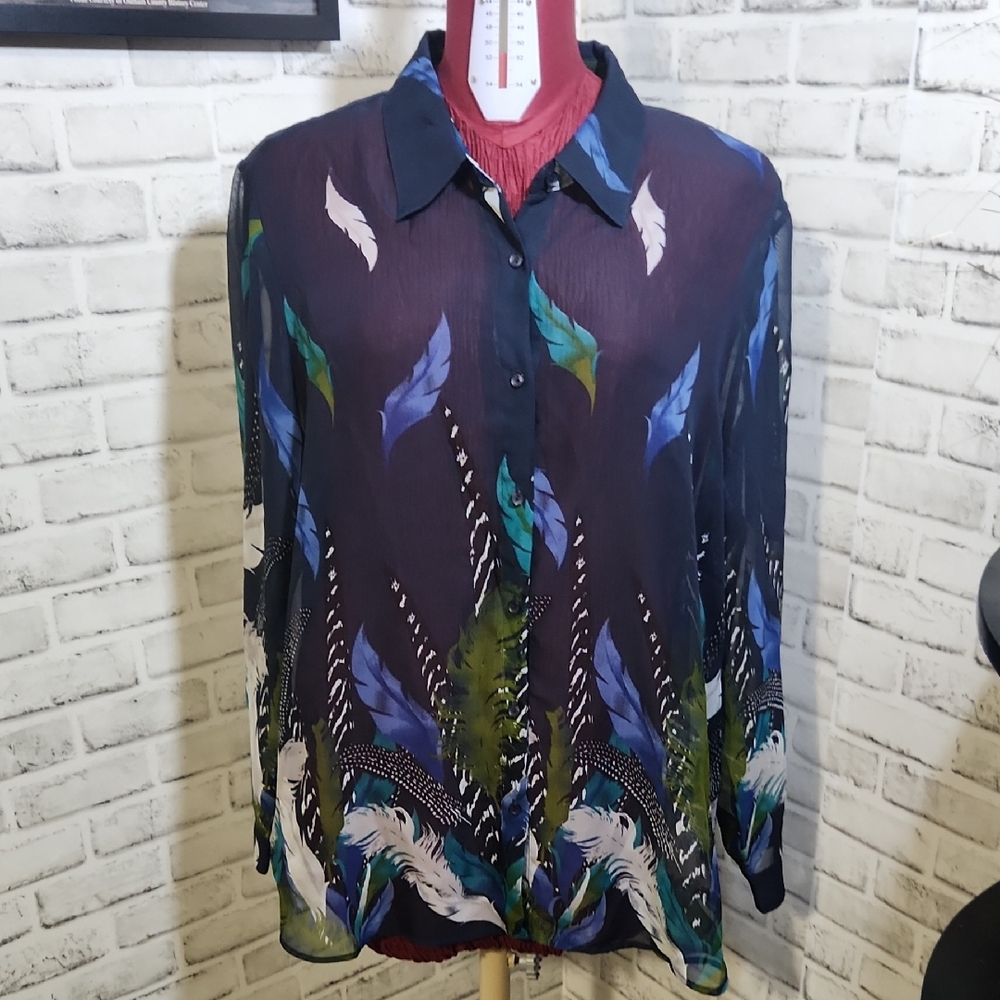Liz Baker Navy Feather Print Sheer Blouse